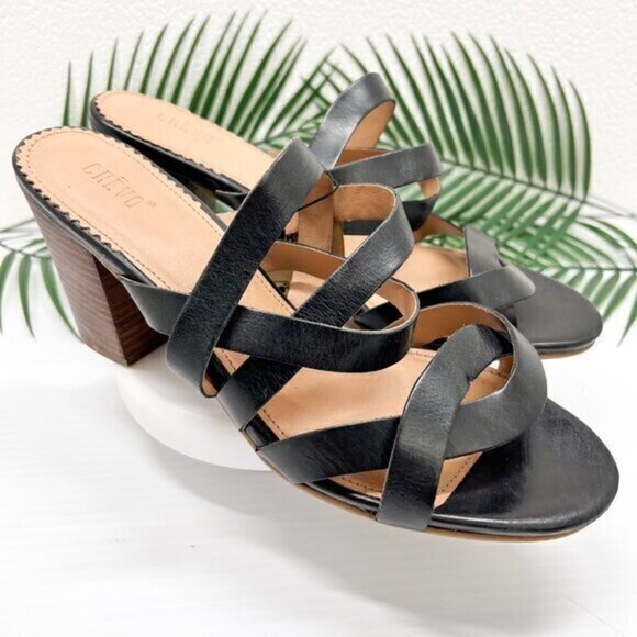 Crevo Petal Stacked Block Heel Leather Mule Sandal Size 9.5 Black Tan Strappy - Picture 1 of 12